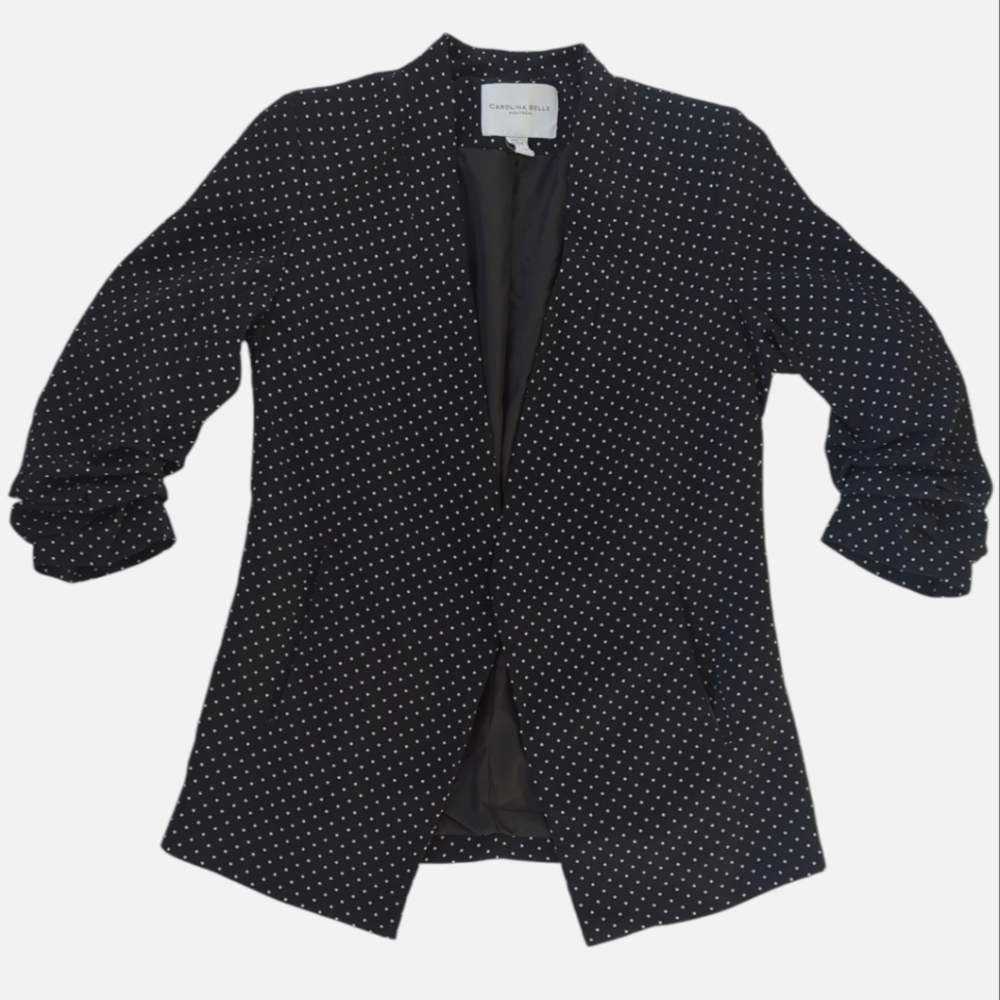 Carolina Belle Polka Dot Ruched Shirred Sleeve Blazer XS Black White